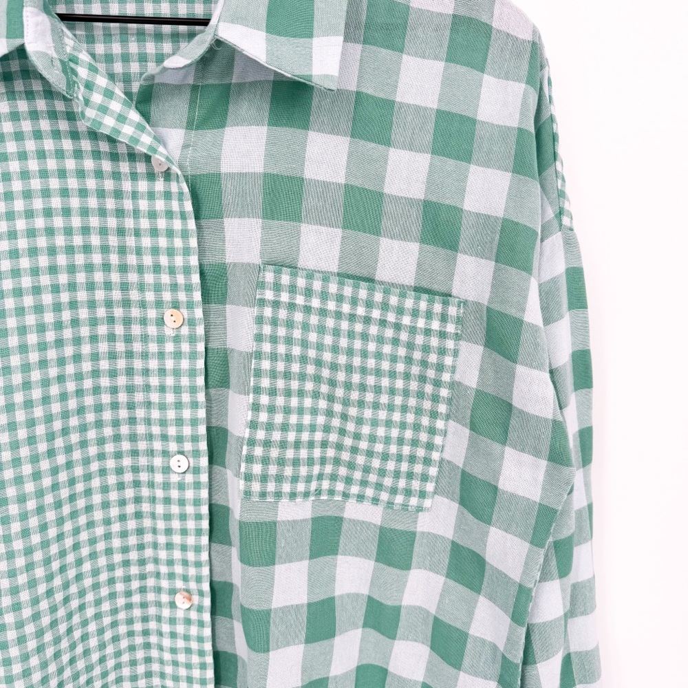Andree by Unit Mixed Gingham Button Down Top Green White Medium - Picture 3 of 8